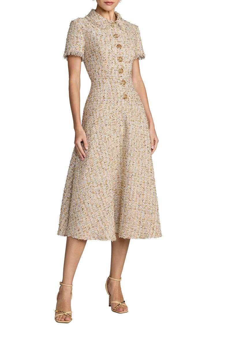 Boucle Cap Sleeve Collared Neck A Line Midi Dress, Main, color, Ecru Multi