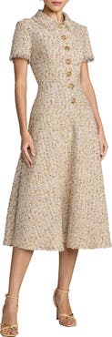 Mac Duggal Boucle Cap Sleeve Collared Neck A Line Midi Dress