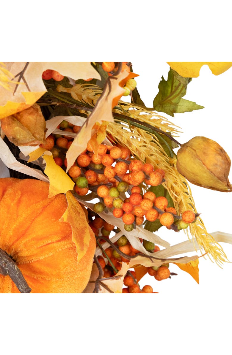 Northlight Velvet Pumpkins and Wheat Artificial Fall Harvest Wreath - 24", Alternate, color, Orange