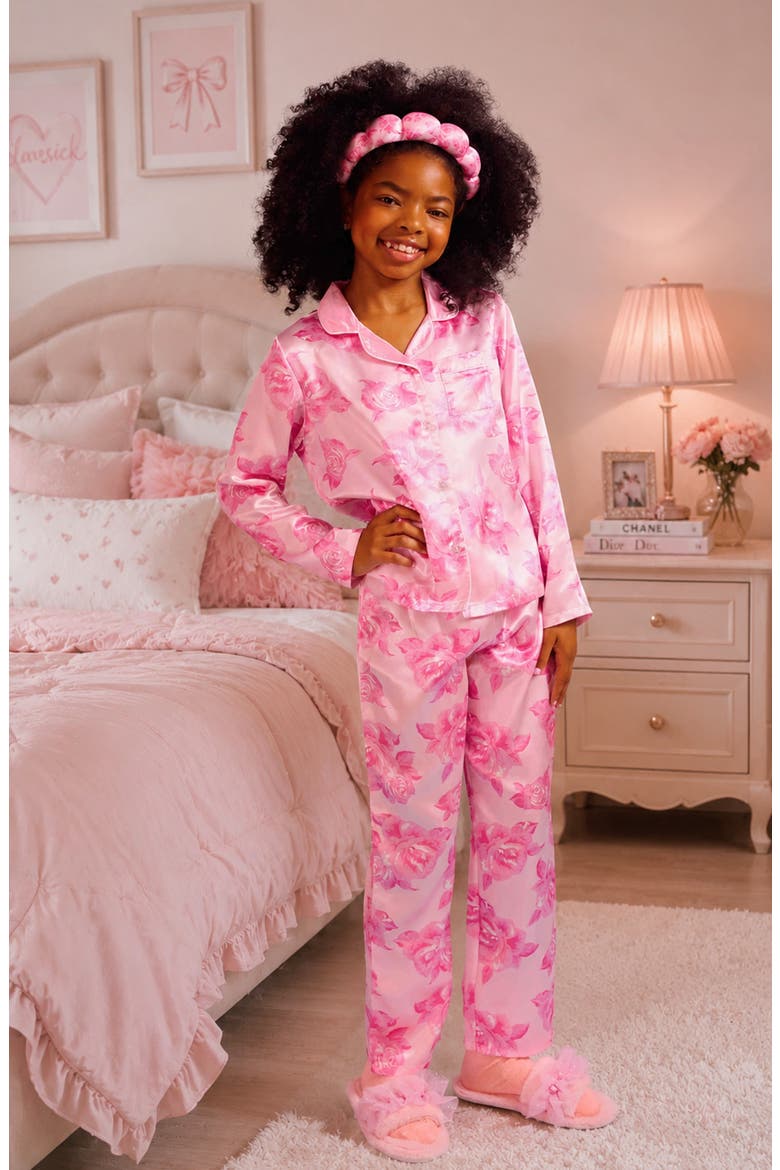Kids' Rose Satin 3-Piece Pajama Set, Alternate, color, LOLLIPOP
