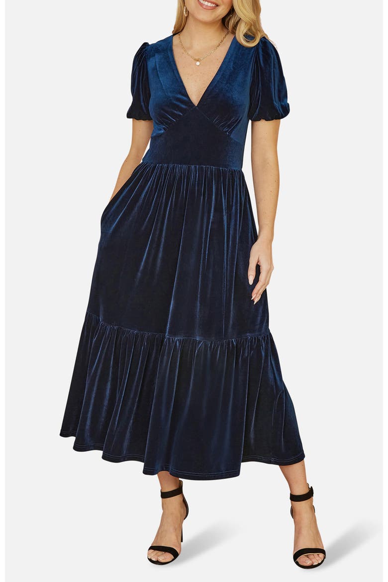 Velvet V-Neck Midi Dress, Alternate, color, Navy