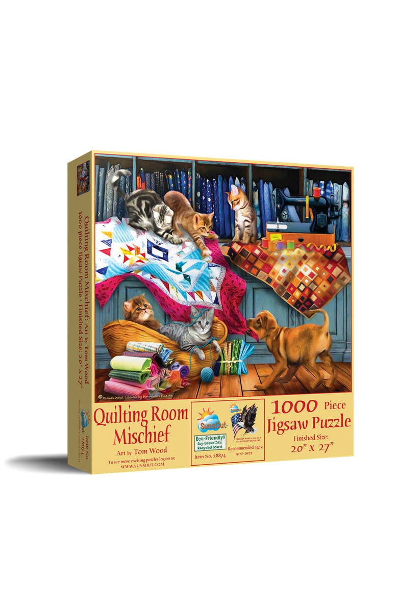 Sunsout Quilting Room Mischief 1000 piece Jigsaw Puzzle for Adults, Main, color, Multicolor