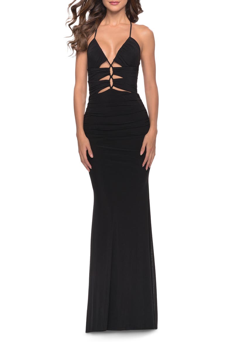 Unique Cut Out Net Jersey Prom Dress, Main, color, Black