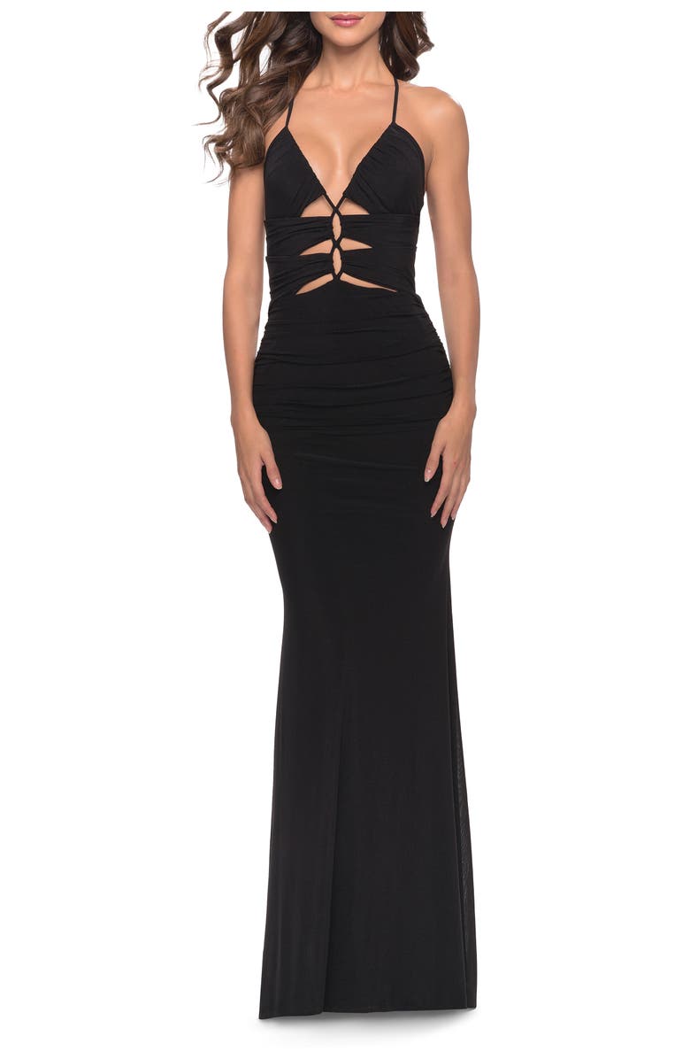La Femme Unique Cut Out Net Jersey Prom Dress, Main, color, Black