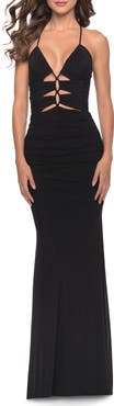 La Femme Unique Cut Out Net Jersey Prom Dress