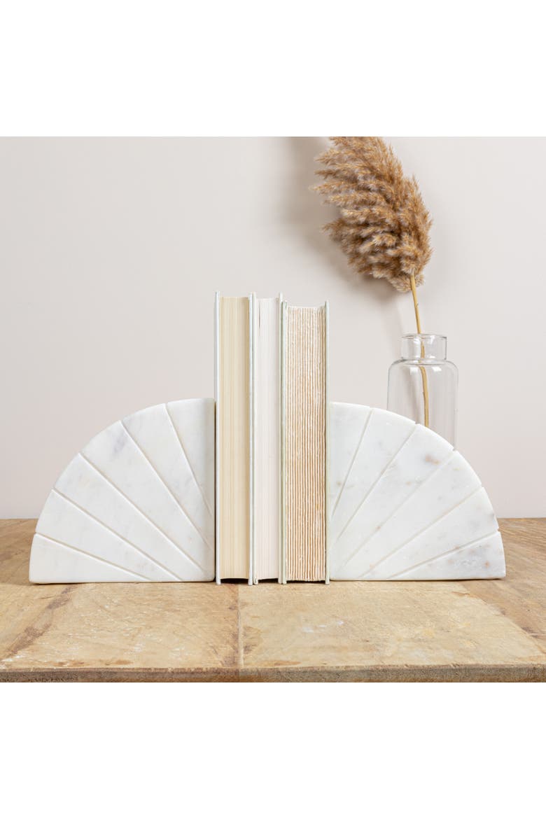 Modern Arched Semicircle Marble Bookends with Carved Detail, Set of 2, White, Alternate, color, White