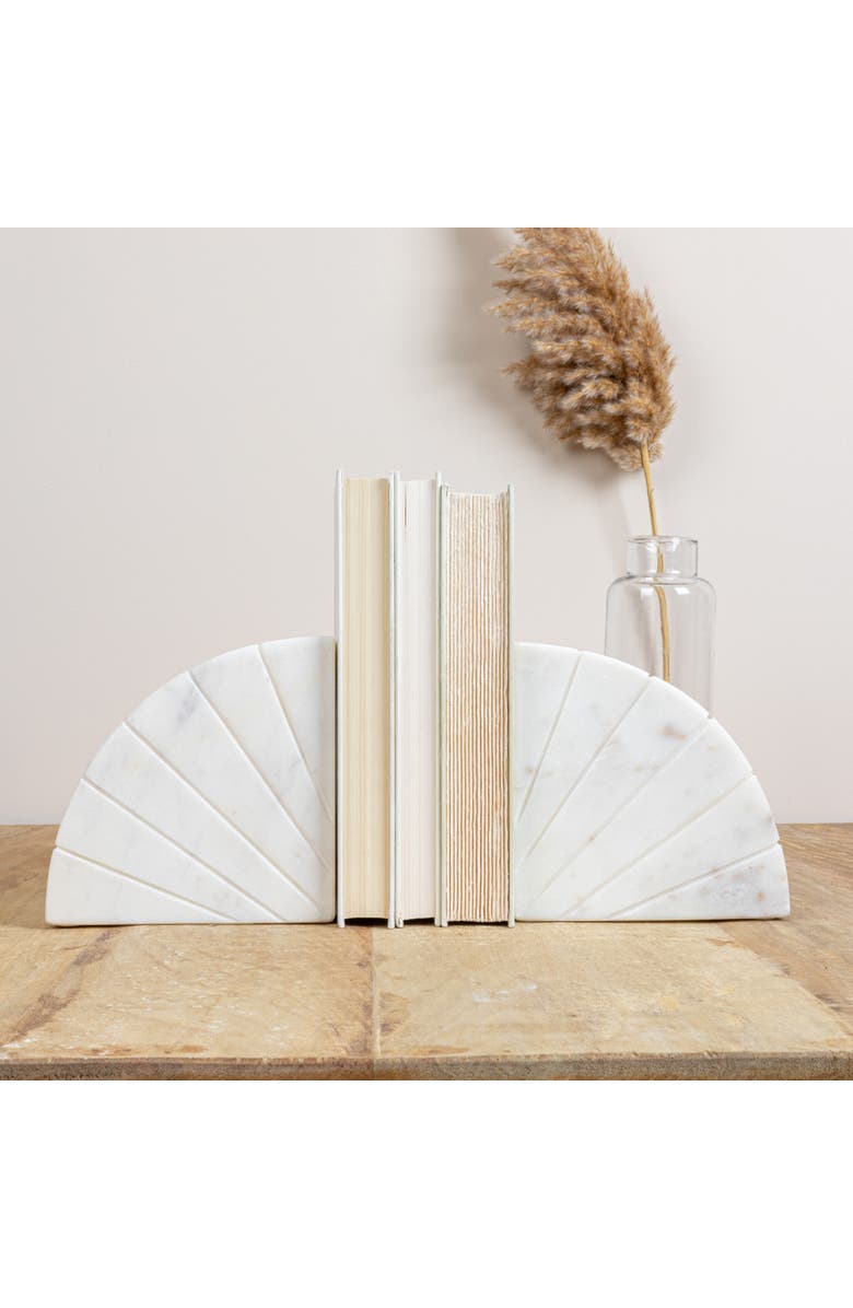 Storied Home Modern Arched Semicircle Marble Bookends with Carved Detail, Set of 2, White, Alternate, color, White