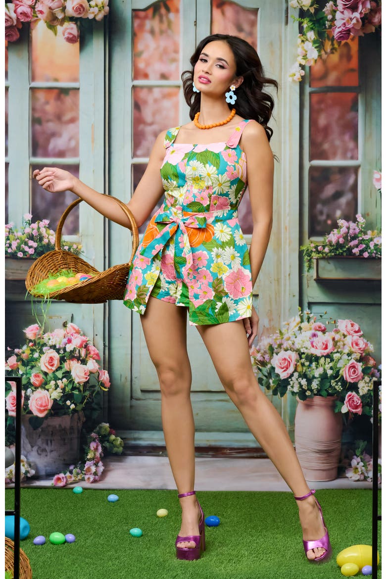 1960s Sweet & Sassy Skirted Romper, Alternate, color, Green Floral Print