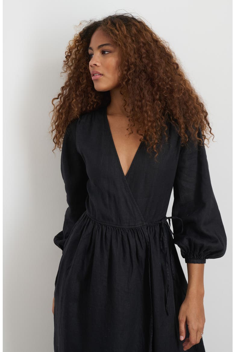 Lauren Long Sleeve Linen Wrap Dress, Alternate, color, RICH BLACK