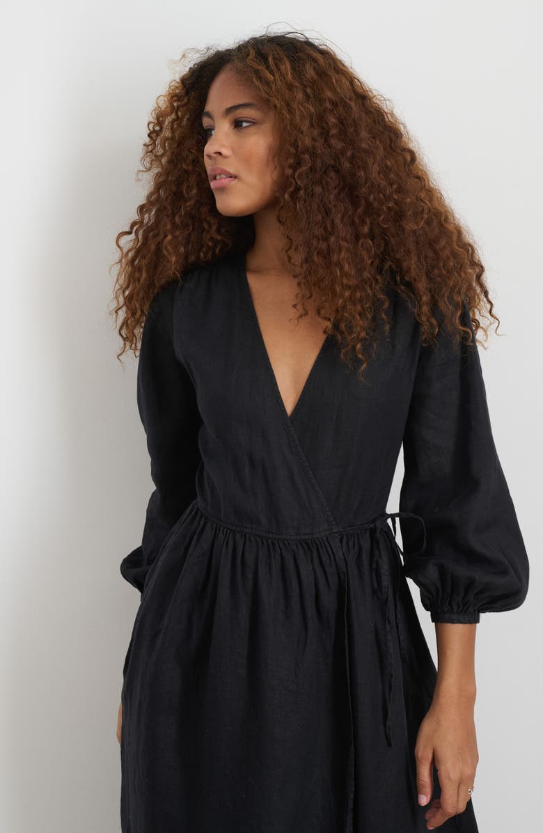 Alex Mill Lauren Long Sleeve Linen Wrap Dress, Alternate, color, Rich Black