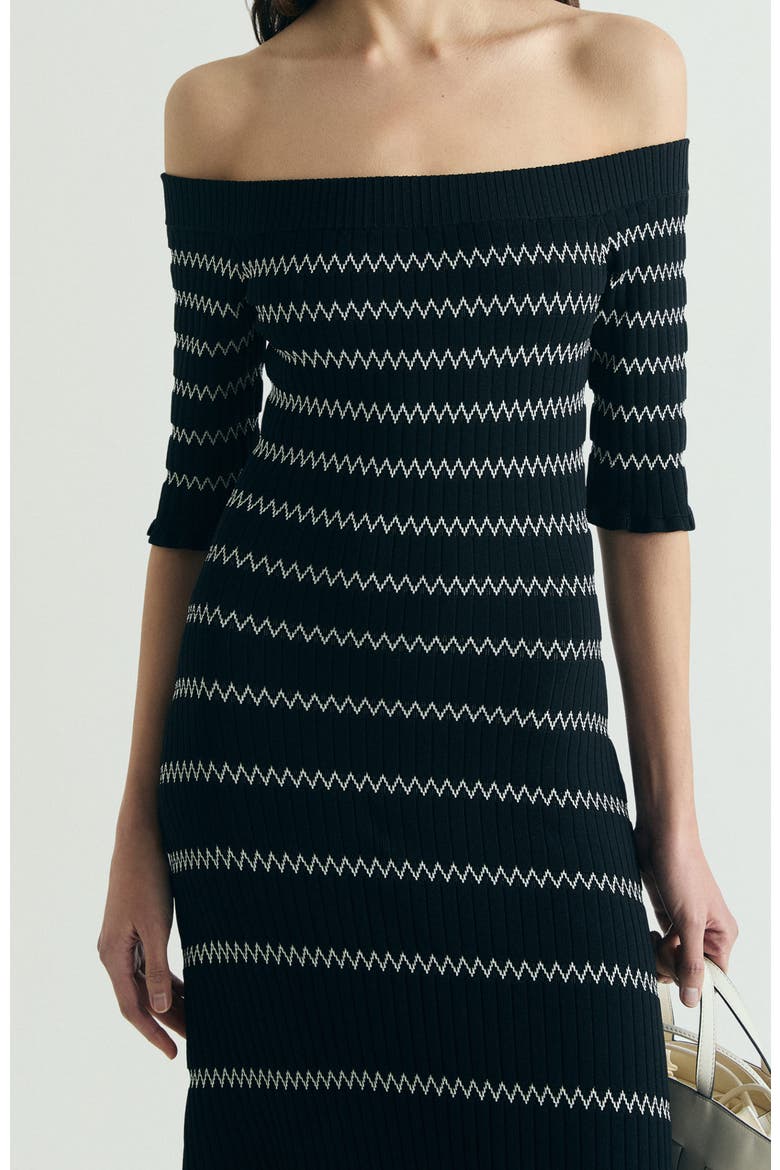 Off Shoulder Knit Dress, Alternate, color, BlackEcru