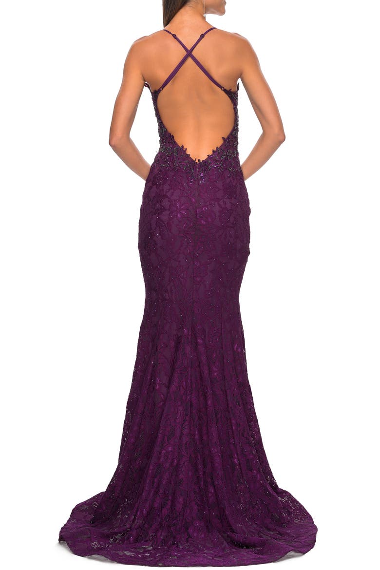 Exquisite Mermaid Lace Gown with Beaded Sheer Bodice, Alternate, color, Dark Berry