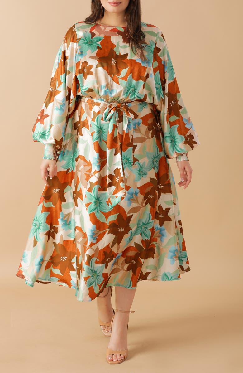 FLYING TOMATO Print Woven Midi Dress, Alternate, color, Rust Teal