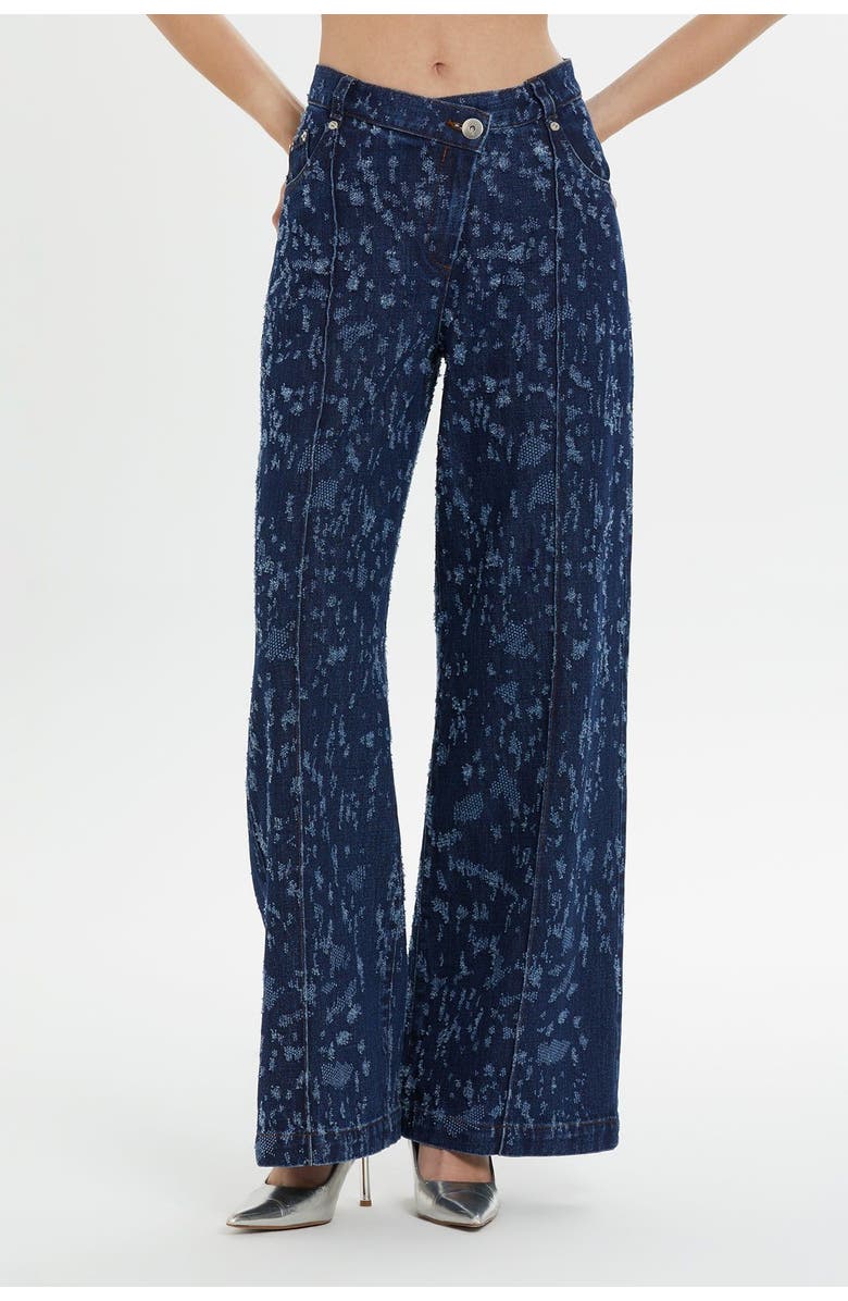 Gizia Belt and Button Detail Front Single-Pleat Wide-Leg Denim Pants, Alternate, color, Navy