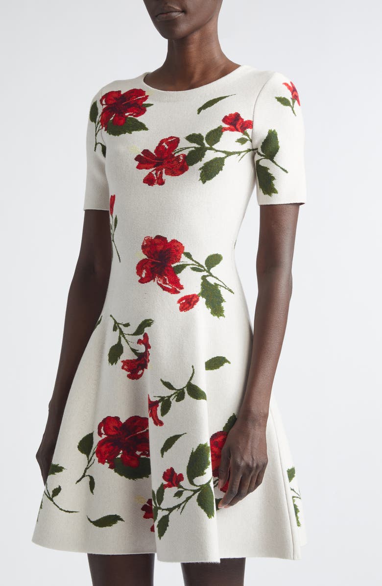 Oscar de la Renta Hibiscus Jacquard Sweater Dress, Alternate, color, Red/ Ecru