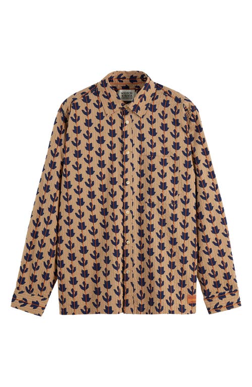 Scotch & Soda Leaf Print Cotton Seersucker Button-up Shirt In Brown
