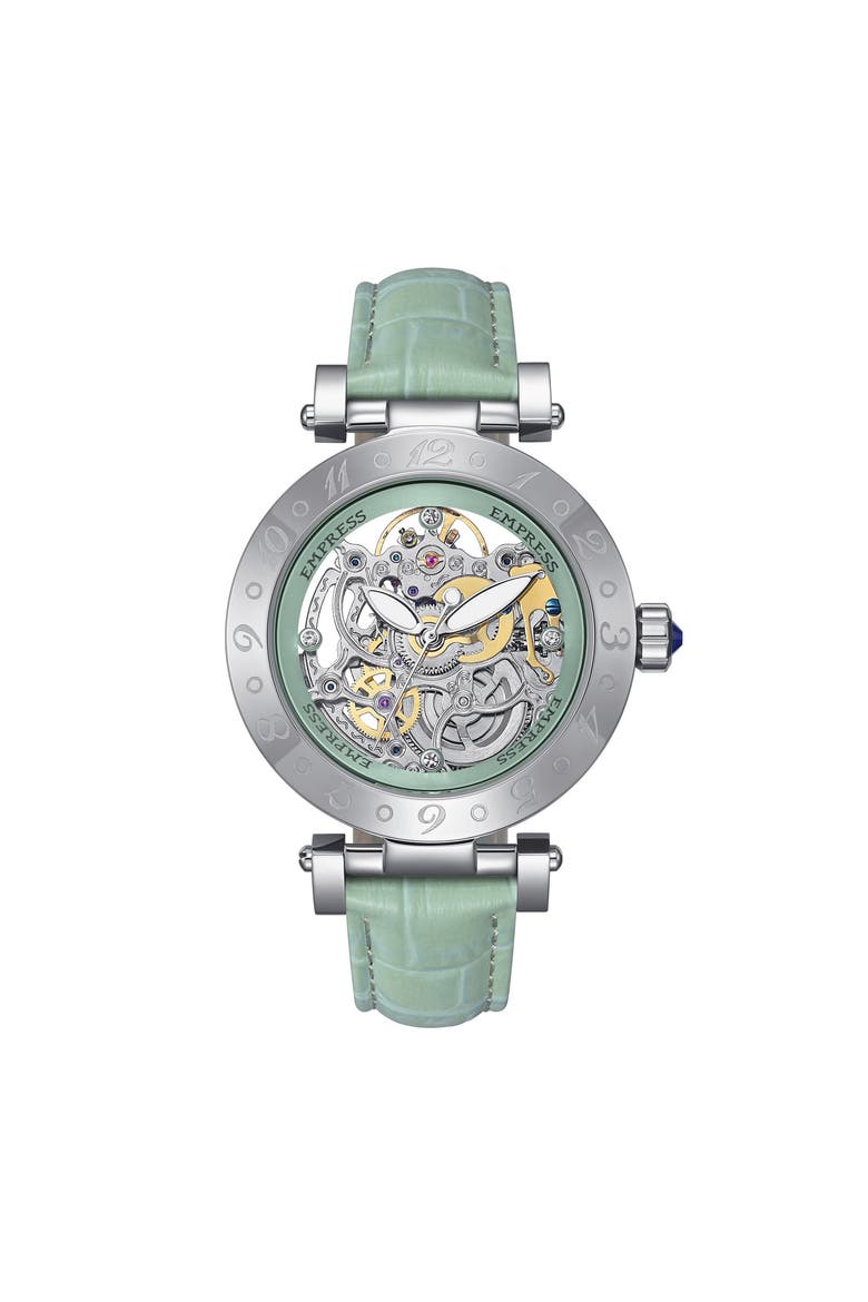 Theodora Automatic Skeleton Leather-Band Watch, Main, color, Green