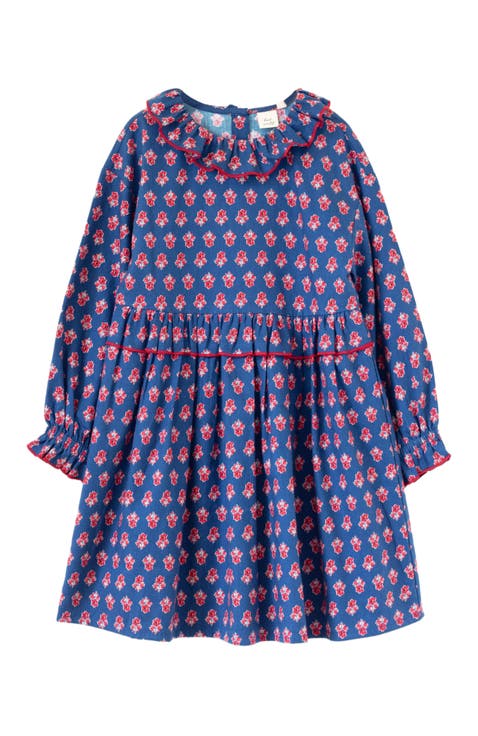 Girls' Ruffle Collar Dress in Long Sleeves | Red and Navy
