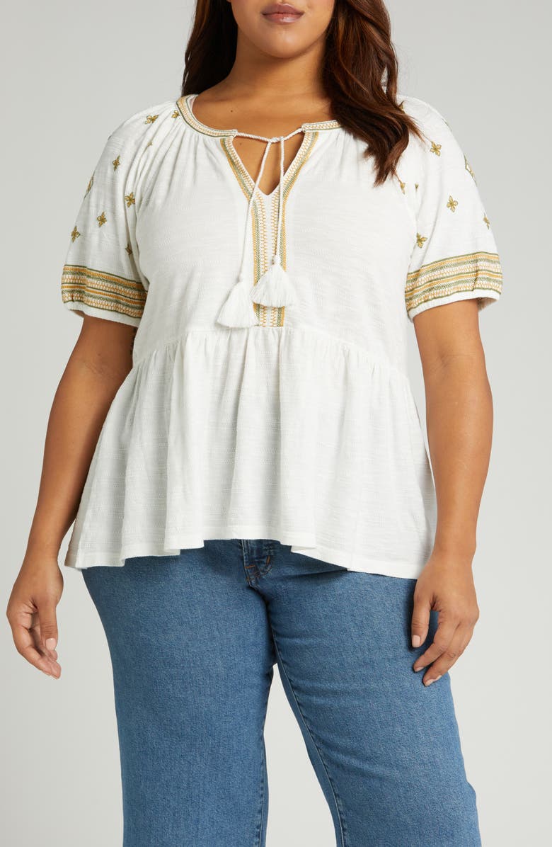 Lucky Brand Easy Embroidered Cotton Babydoll Top, Main, color,