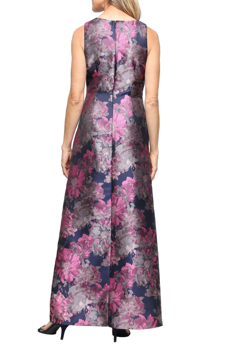 SL FASHIONS Floral Jacquard Gown with Jacket, Alternate, color, Navy/ Pink