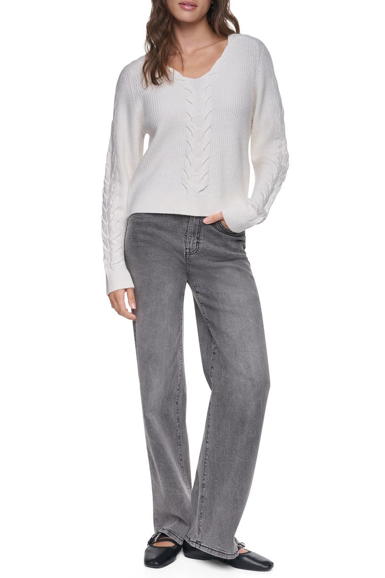 Cable Knit V-Neck Sweater, Alternate, color, IVORY