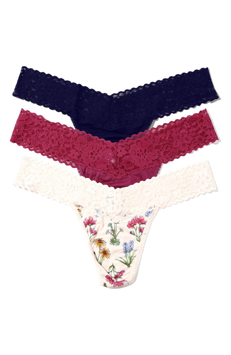 Hanky Panky DreamEase<sup>™</sup> Assorted 3-Pack Low Rise Thongs, Main, color, California/ Flourish/ Lavender