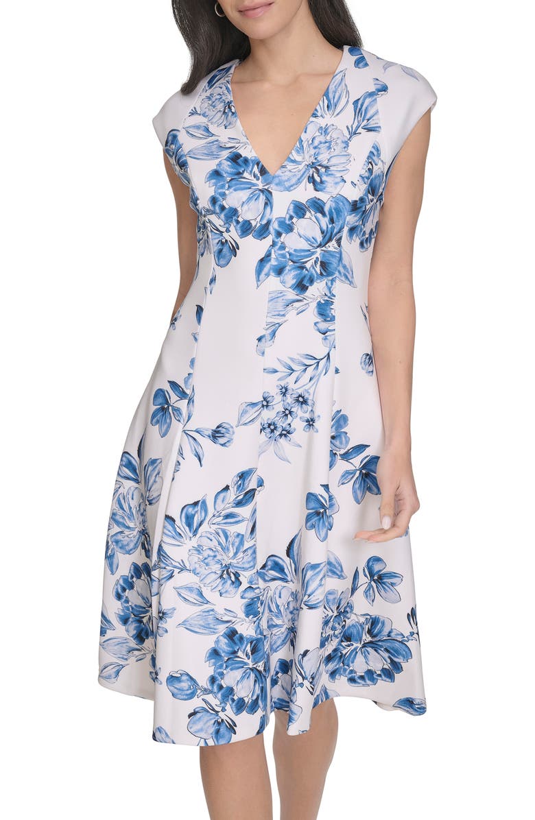 Calvin Klein Floral Cap Sleeve Fit & Flare Dress, Alternate, color, 