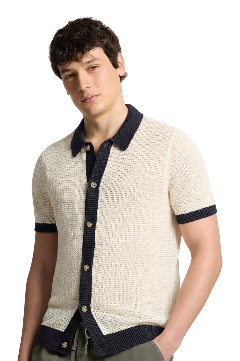 Linen Short Sleeve Button Up Sweater, Alternate, color, Midnight/Egret