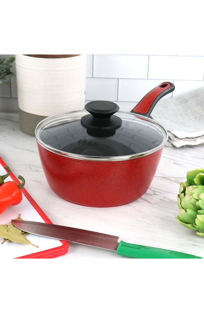 OSTER Claybon 2.2 Quart Nonstick Saucepan With Lid, Alternate, color, Red