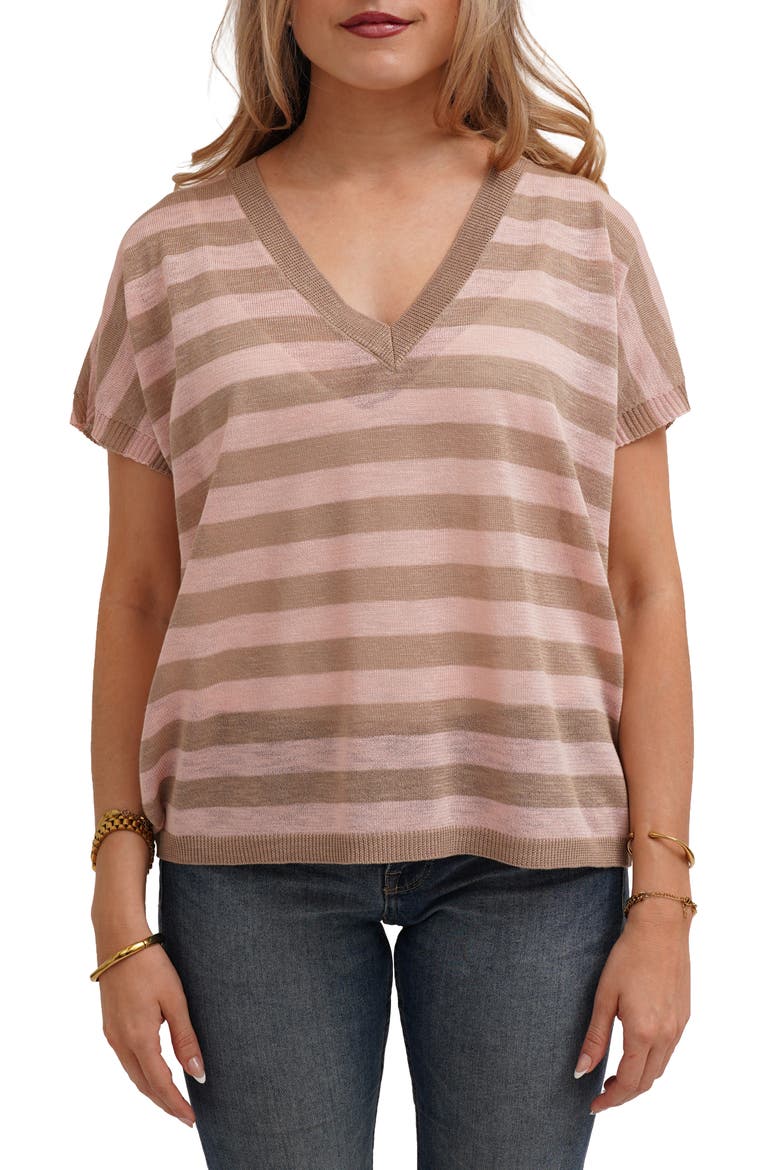 Striped V Neck Cap Sleeve Sweater, Main, color, TAUPE/ LACE PINK