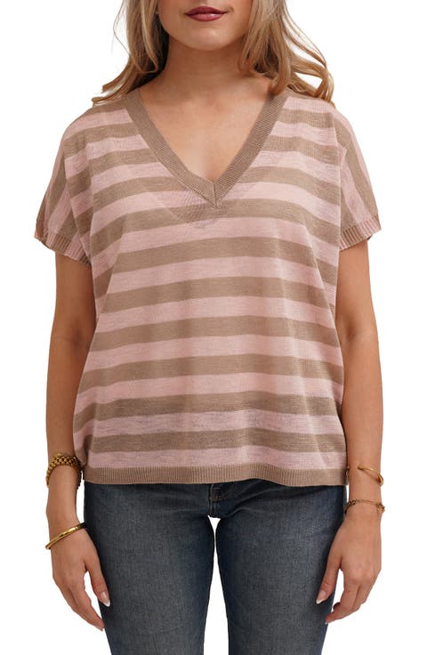 Striped V Neck Cap Sleeve Sweater