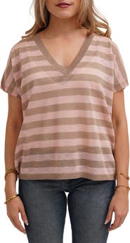 CYRUS Striped V Neck Cap Sleeve Sweater