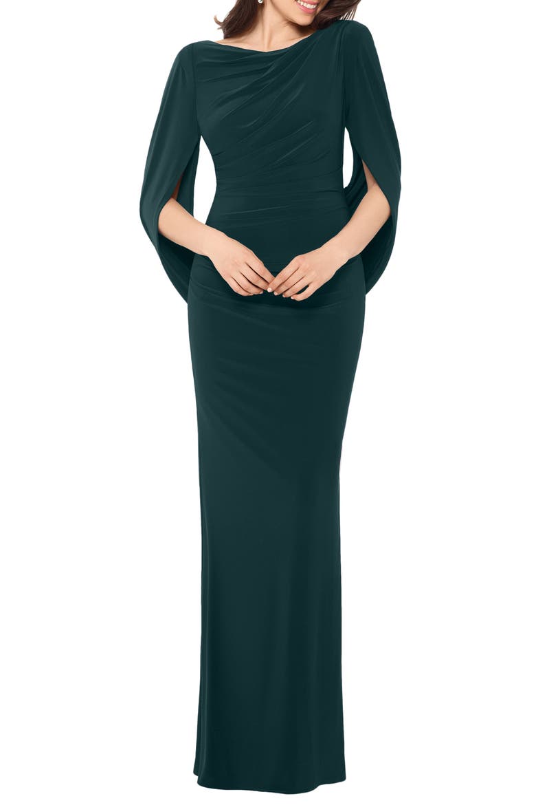 Cape Long Sleeve Trumpet Gown, Main, color, FOREST