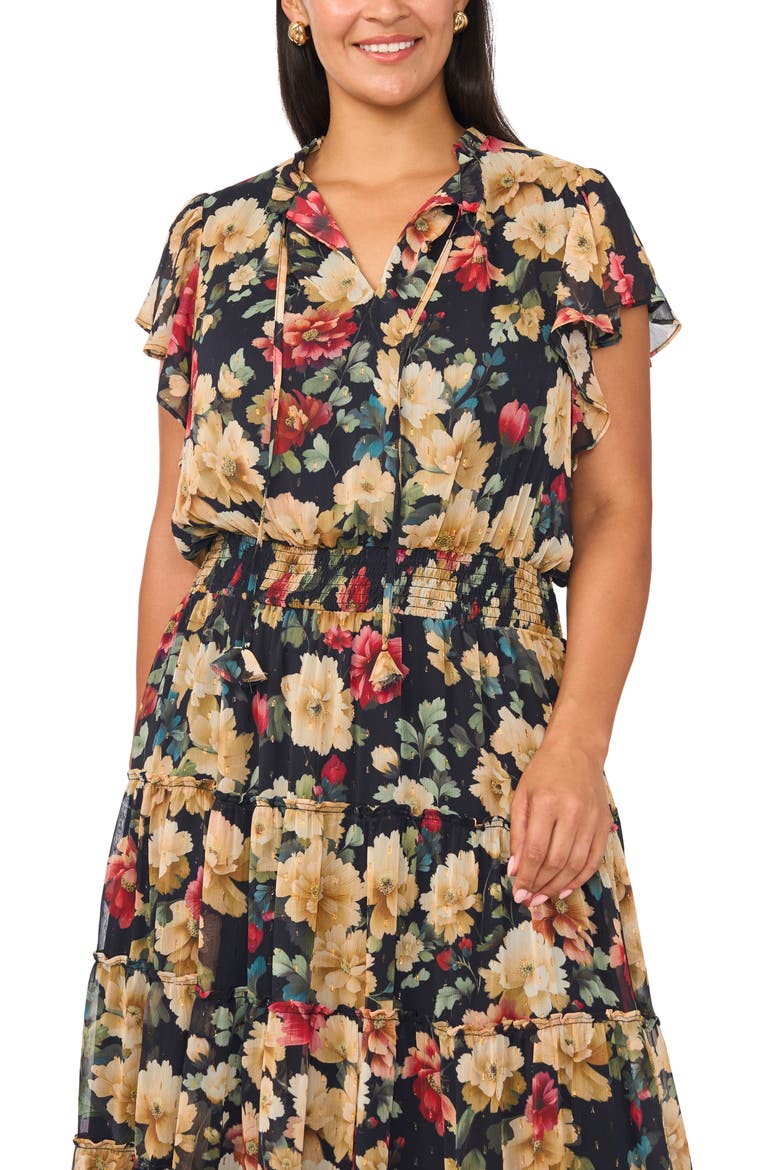 Metallic Floral Midi Dress, Alternate, color, RICH BLACK