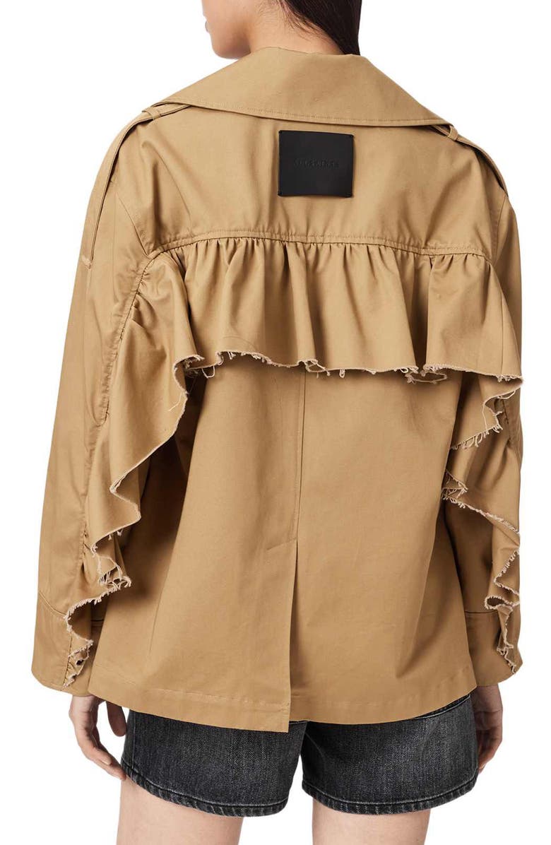 AllSaints Connie Back Ruffle Short Cotton Trench Coat, Alternate, color, Pinto Brown