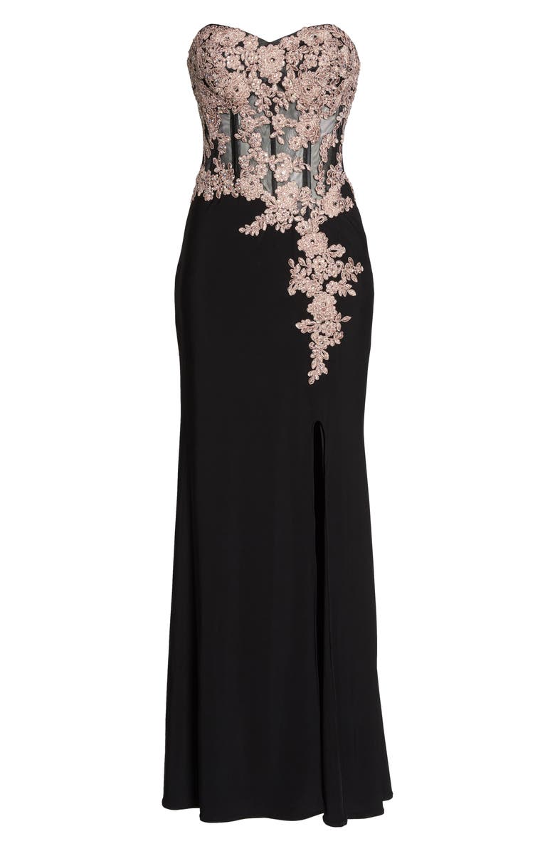 Blondie Nites Appliqué Strapless Bustier Gown, Alternate, color,