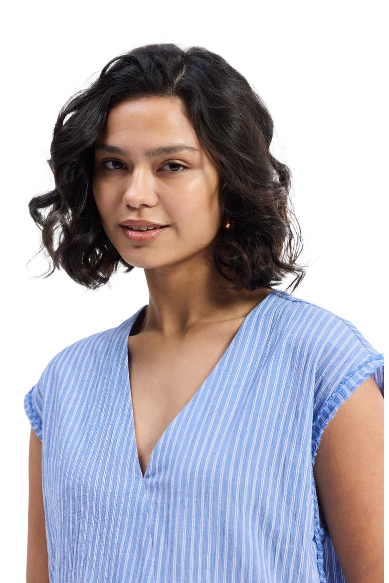 Boxy V-neck Top in Blue Stripes, Alternate, color, Blue Stripes