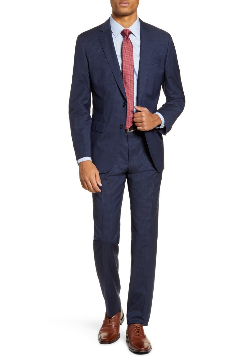 Huge/Genius Trim Fit Check Wool Suit, Main, color, NAVY