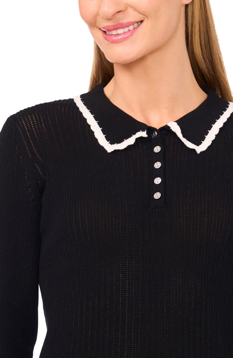 CeCe Contrast Trim Pointelle Cotton Polo Sweater, Alternate, color, Rich Black