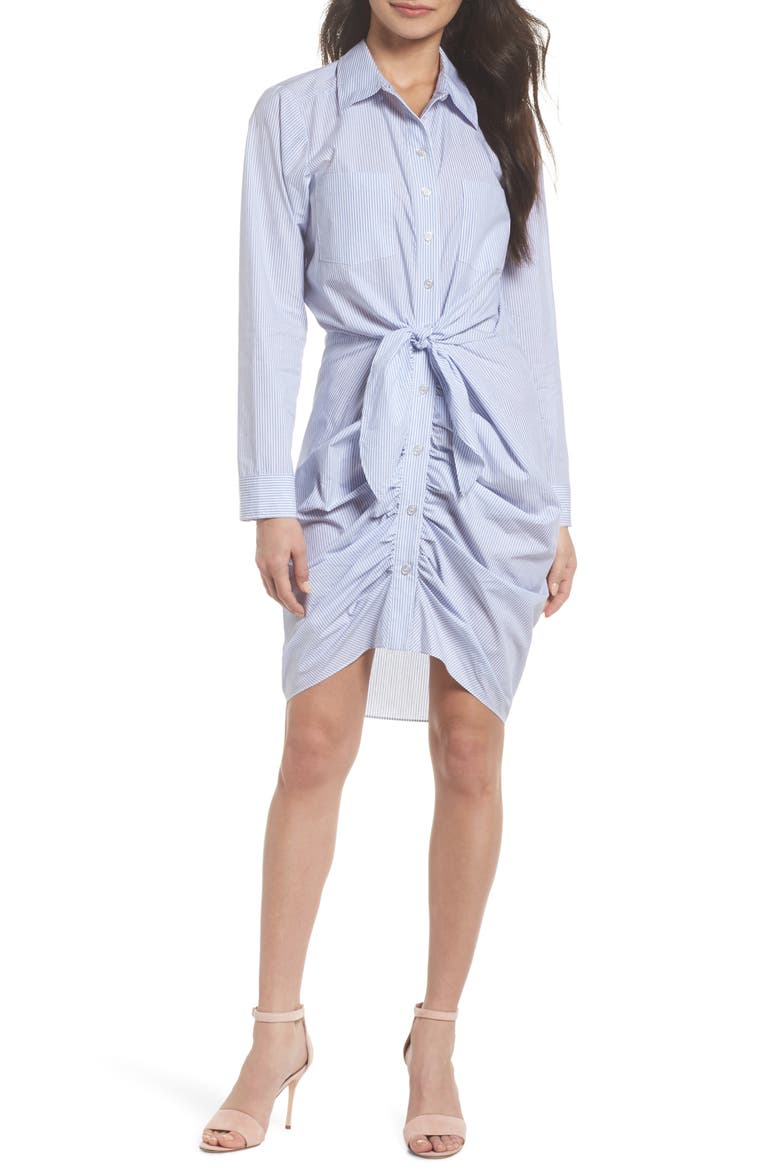 Ruched Tie Waist Shirtdress, Main, color, BLUE/ WHITE STRIPE