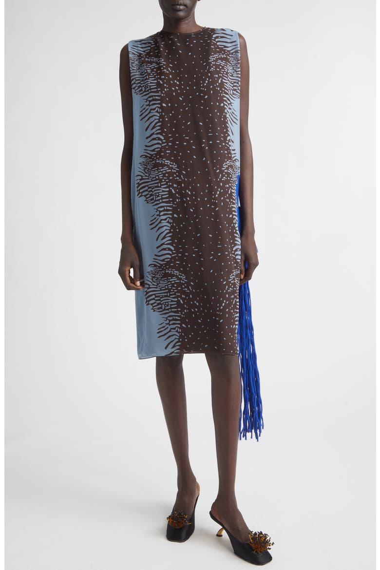 Flower Inlay Print Silk Shift Dress, Main, color, WASHED DENIM/ EXPRESSO