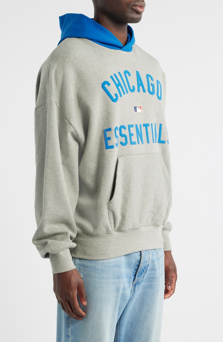 Fear of God Essentials MLB Cubs Sport Fit Cotton Graphic Hoodie, Alternate, color, Warm Heather/ Blue