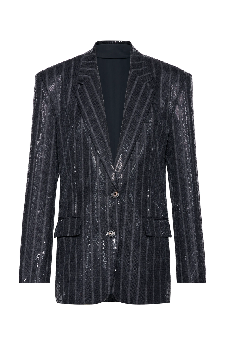 Brunello Cucinelli Comfort virgin wool chalk stripe blazer with dazzling embroidery, Main, color,