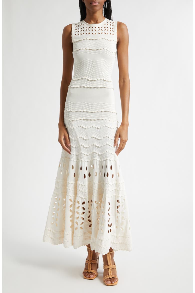 Lakshmi Eyelet Scallop Trim Midi Dress, Main, color, COWRIE
