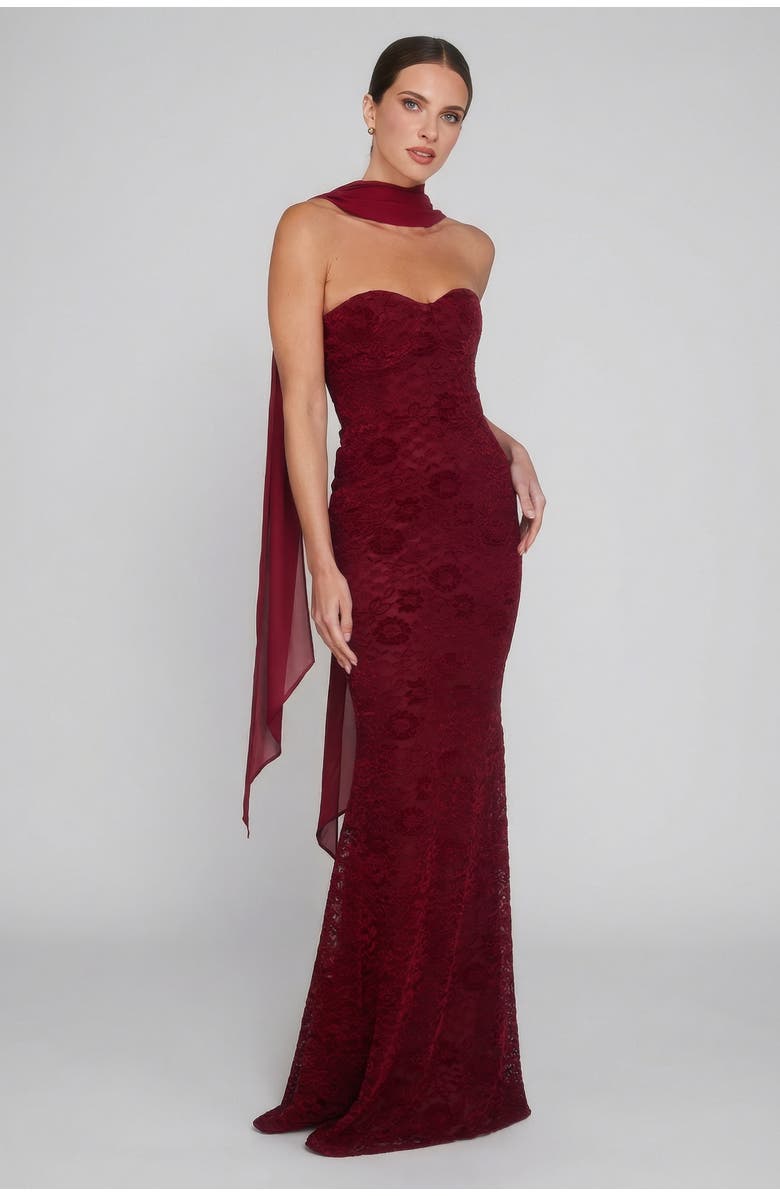 Six Stories Velvet Lace Corset Bandeau Maxi Dress, Main, color, Wine
