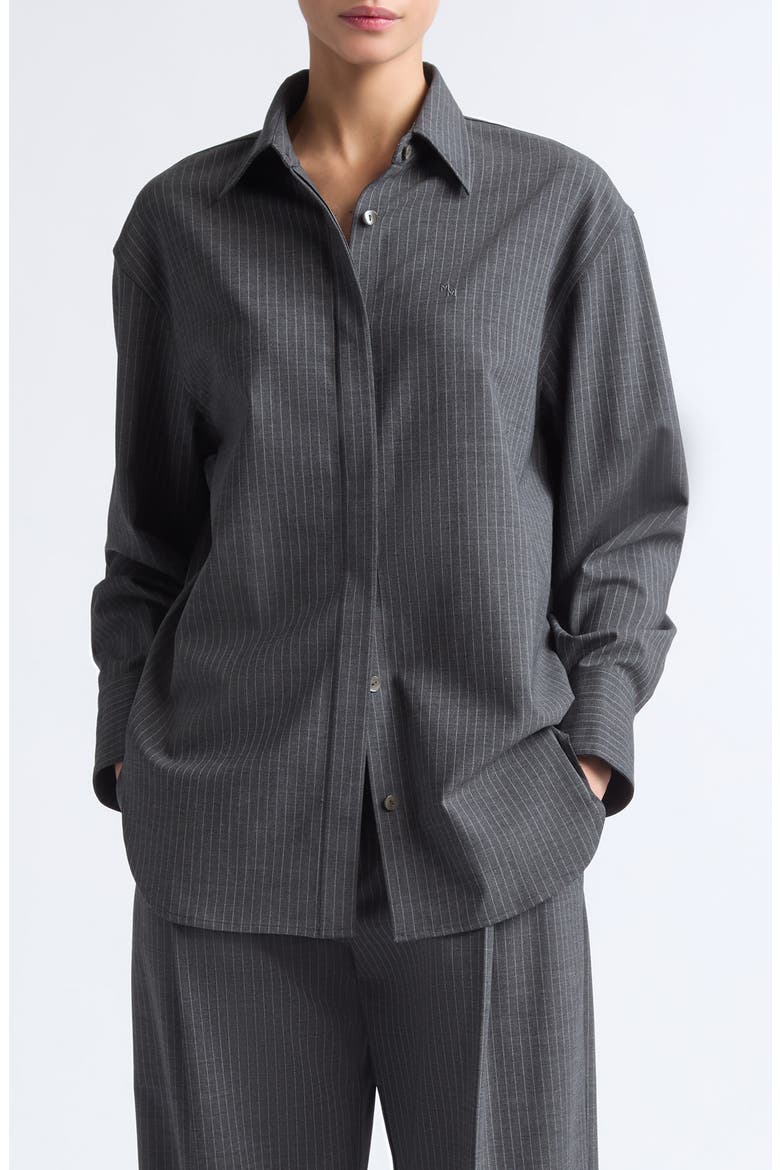 Stripe Stretch Wool Button-Up Tunic Shirt, Main, color, CHARCOAL STRIPE