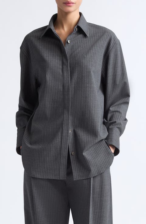 Stripe Stretch Wool Button-Up Tunic Shirt
