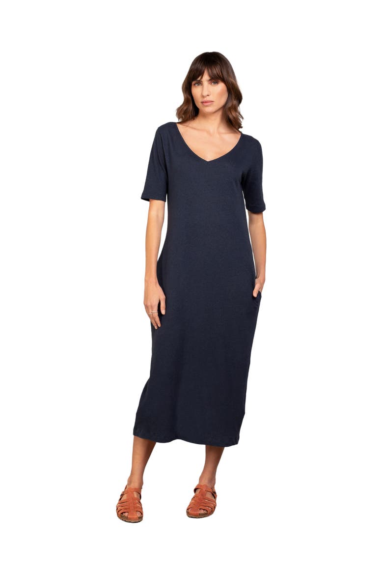 Linen Blend Midi Dress, Main, color, NAVY