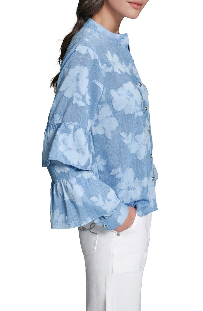 KARL LAGERFELD PARIS Floral Ruffle Denim Top, Alternate, color, Medium Wash