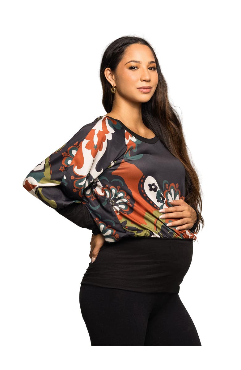 24seven Comfort Apparel Maternity Essential Paisley Print Dolman Sleeve Banded Top, Alternate, color, Green Multi
